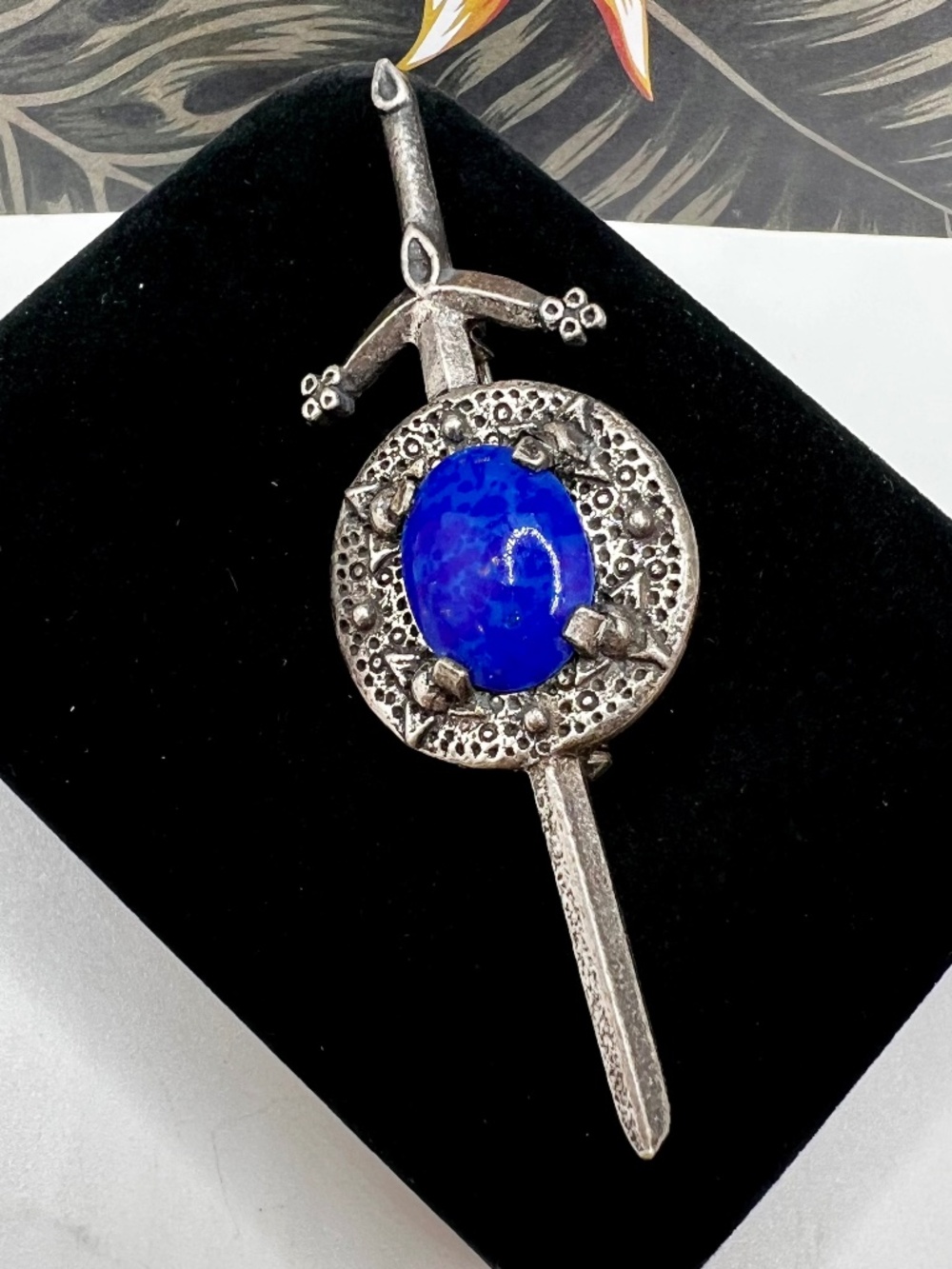 Miracle Pewter Sword Brooch Lapis Glass Cabochon